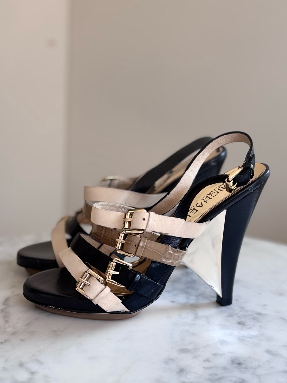 MICHAEL Michael Kors Multi-Strap Buckle Cone Heel Sandals - Size 4.5 M (EU 34.5)